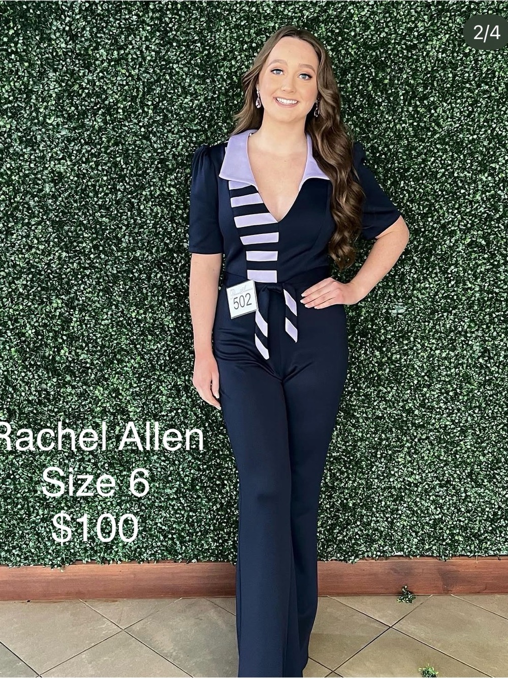 Rachel Allan Navy Jumpsuit with Lavender Trim and Striped Tie